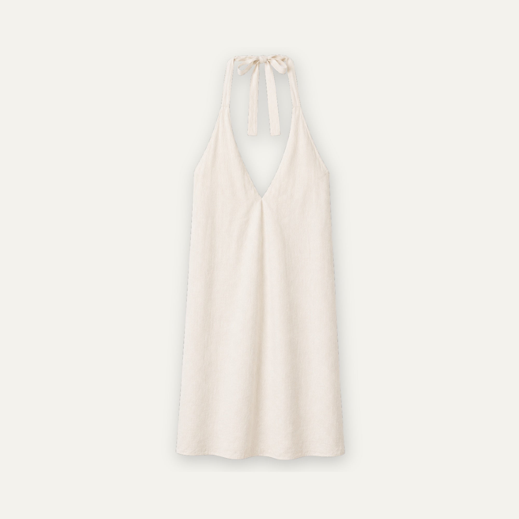 Vestito halter in lino Off White, vista frontale, con scollo e silhouette del vestito