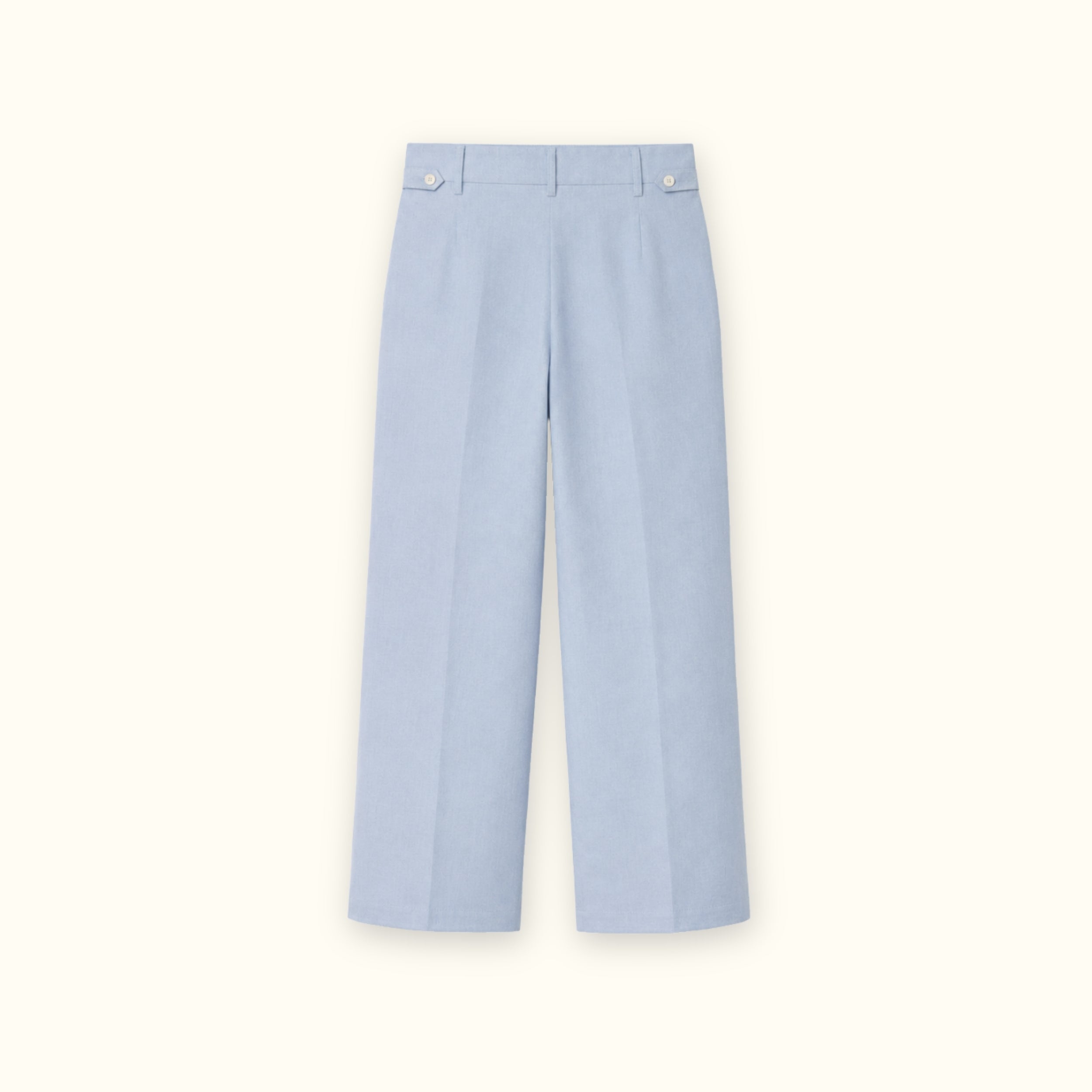 Pantaloni in lino straight leg azzurri, vista posteriore, con pince e linea dellstraight leg